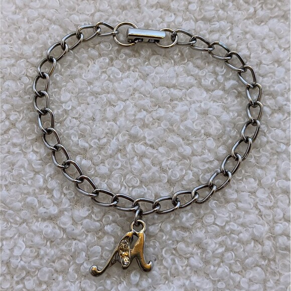 Vintage Silvertone Rhinestone Initial "M" Charm Bracelet 7 in - Picture 2 of 9